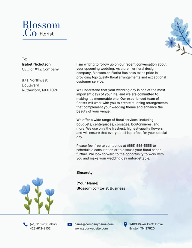 Blue Watercolor Floral Business Letterhead