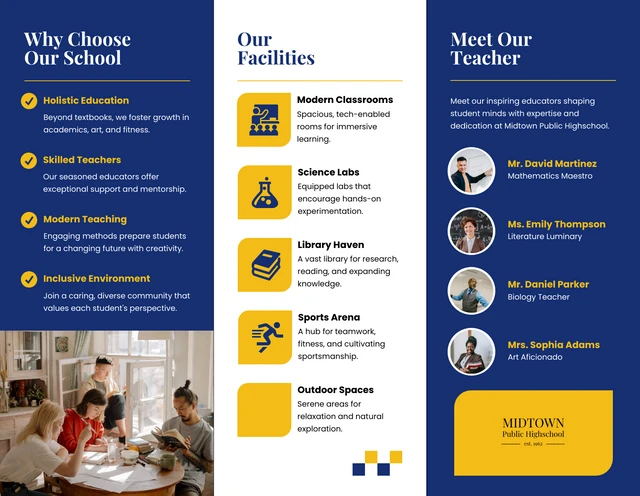 Blue And Yellow Moder School Tri-fold Brochure - page 2