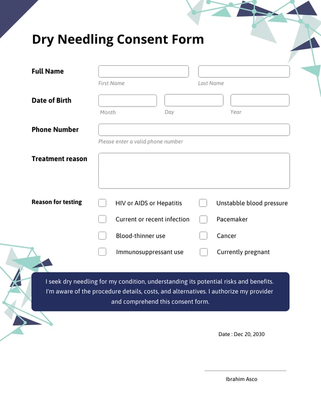 Plantilla de formulario de consentimiento simple azul y blanco
