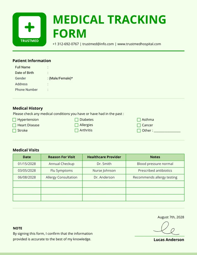 Modèle de formulaire de suivi médical minimaliste vert doux