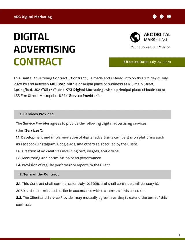 Digital Advertising Contract Template - Pagina 1