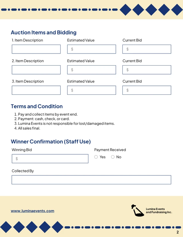 Silent Auction Form Template - Page 2