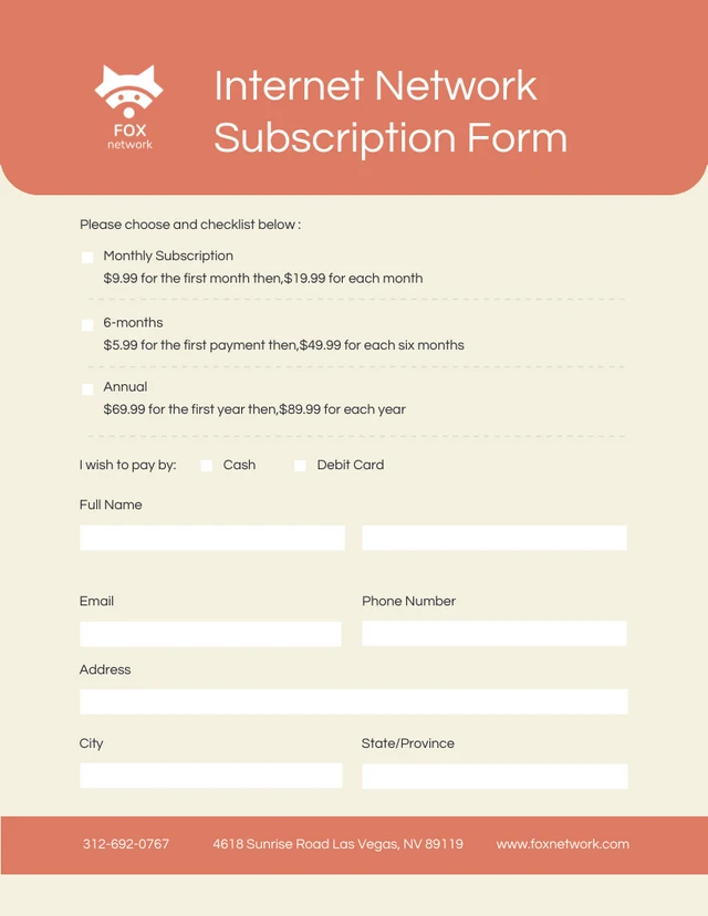 Orange and Cream Internet Network Subscription Form Template
