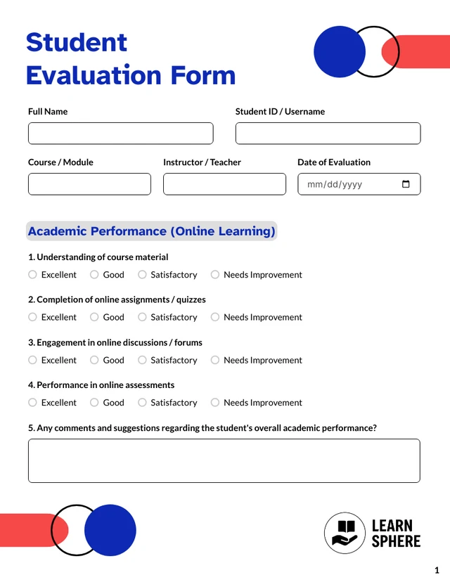 Student Evaluation Form Template - Seite 1