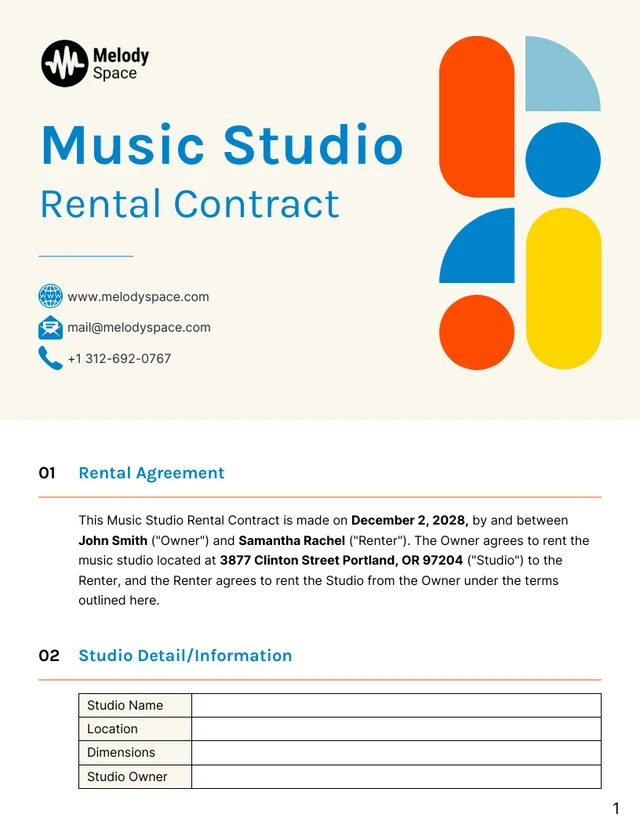 Music Studio Rental Contract Template - Page 1