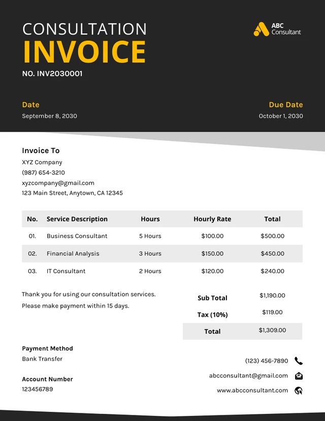 Black and Yellow Simple Consultation Invoice Template