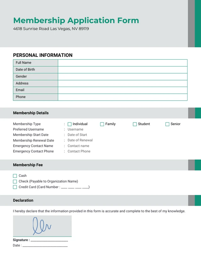 Green And Gray Modern Membership Form Template
