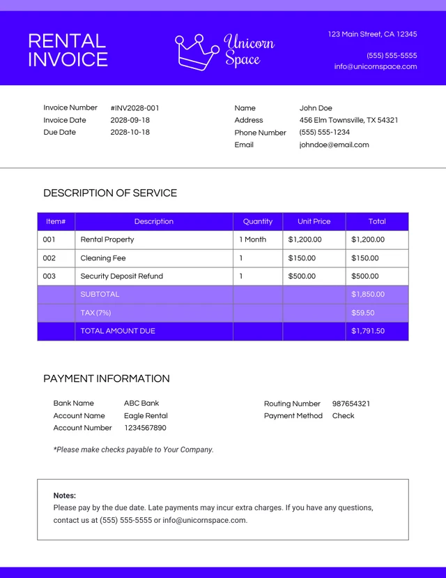 Modern Purple and Blue Rental Invoice Template
