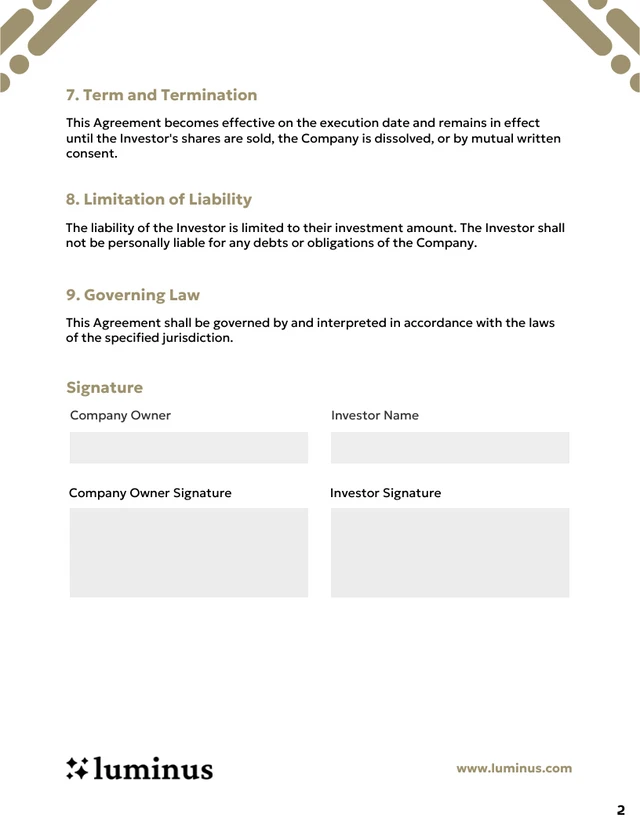 Simple Equity Investment Contract Template - page 2