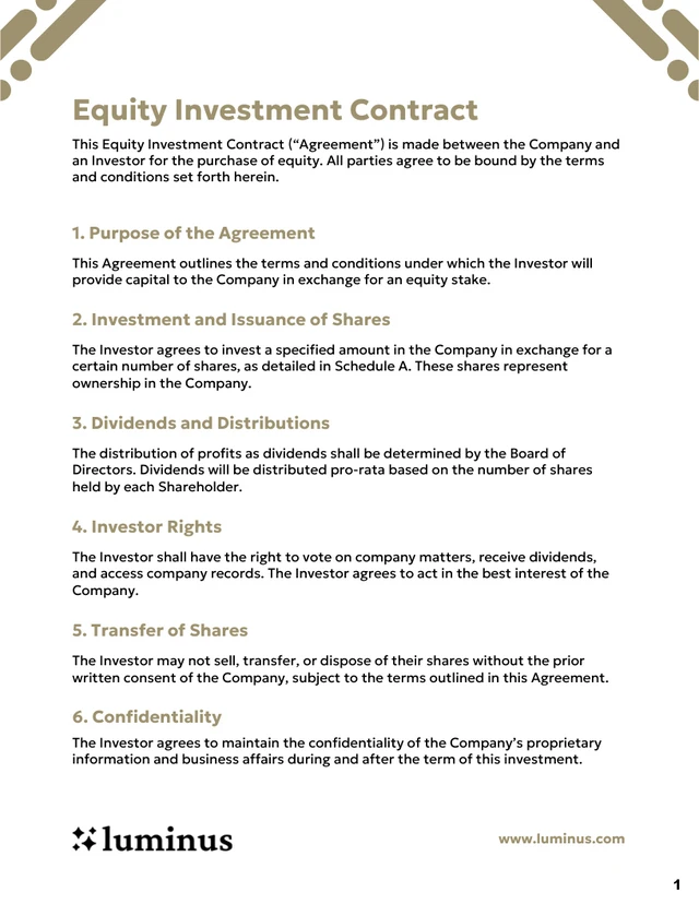 Simple Equity Investment Contract Template - page 1