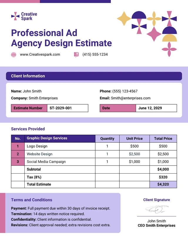 Modelo de estimativa de design de agência de publicidade profissional