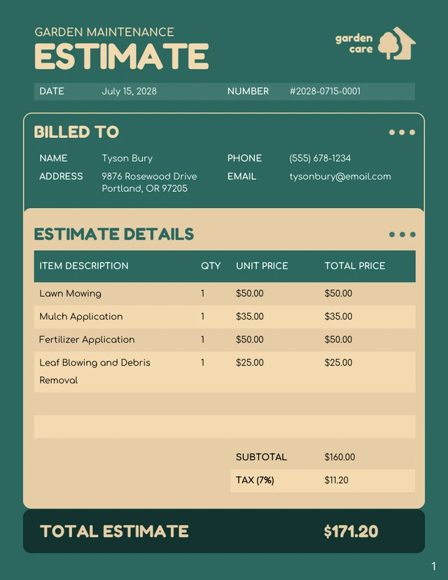 Free Garden Maintenance Estimate Template - Seite 1