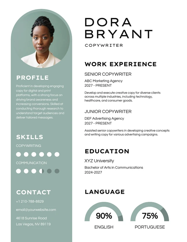 White and Green Simple Copywriter Academic Resume Template