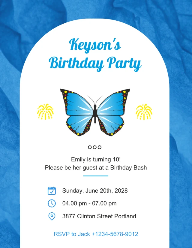 Modèle d'invitation de fête d'anniversaire de papillon de texture moderne bleue
