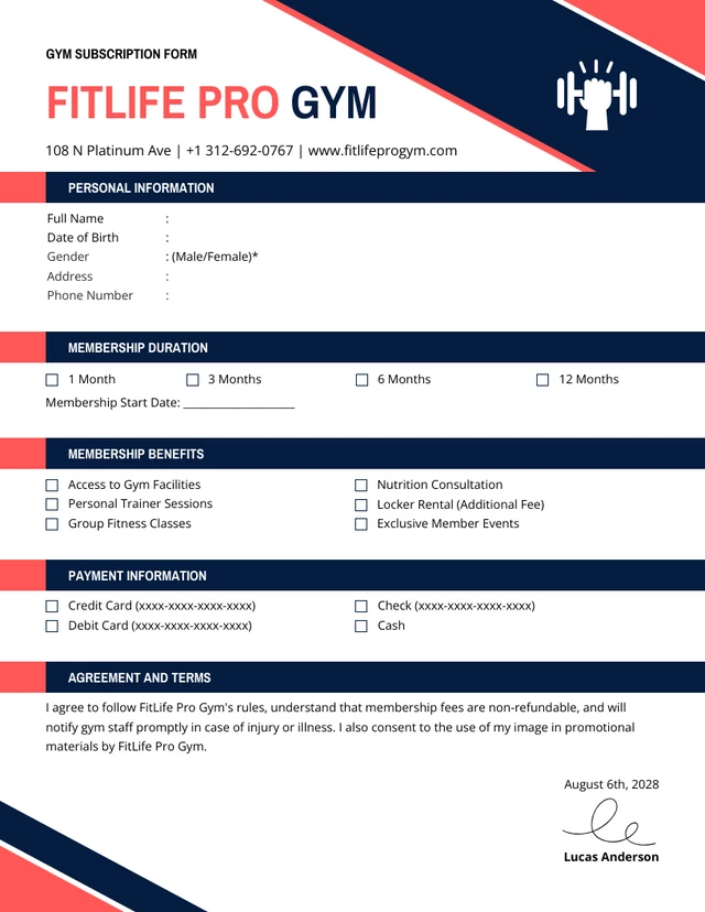 Navy Blue and Red Modern Gym Subscription Form Template
