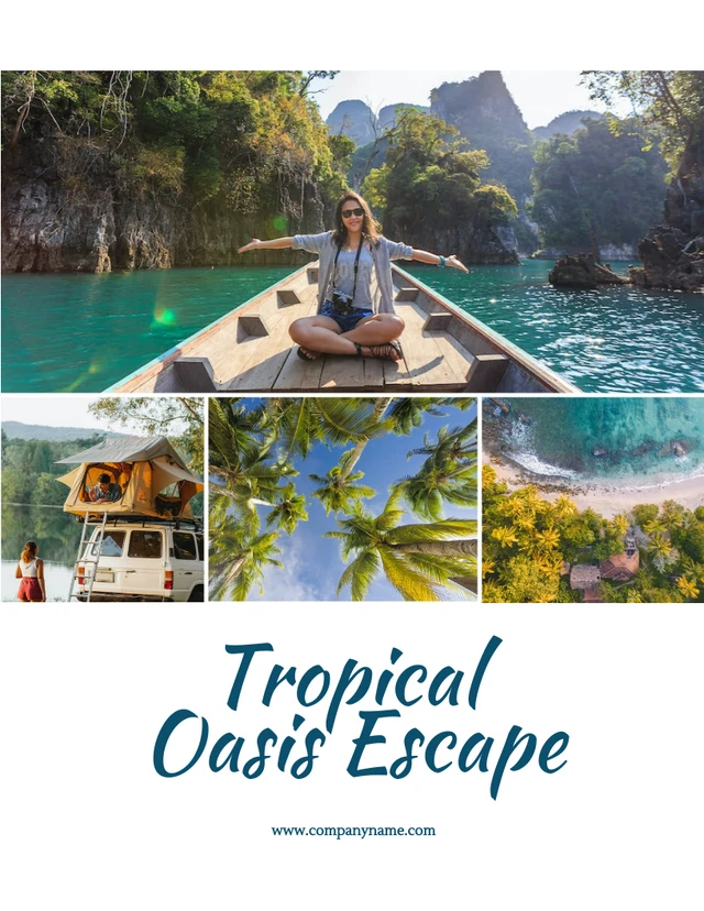 White Minimalist Photo Collage Tropical Oasis Escape Travel Poster Template