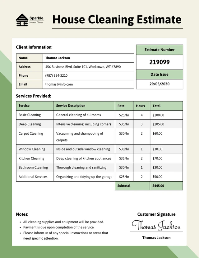 House Cleaning Estimate Template