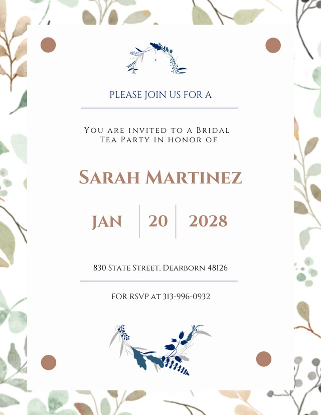 Minimalistische und blaue Brauttee-Einladungsvorlage