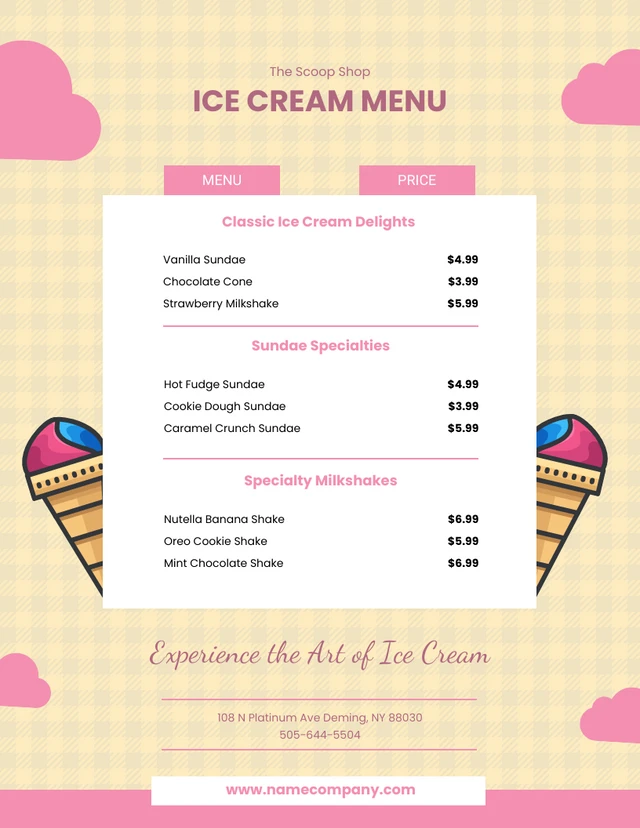 Cream and pink illustrated ice cream menu Template