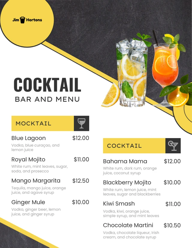 Tafelstruktur und gelbe, moderne, saubere Cocktail-Menüvorlage