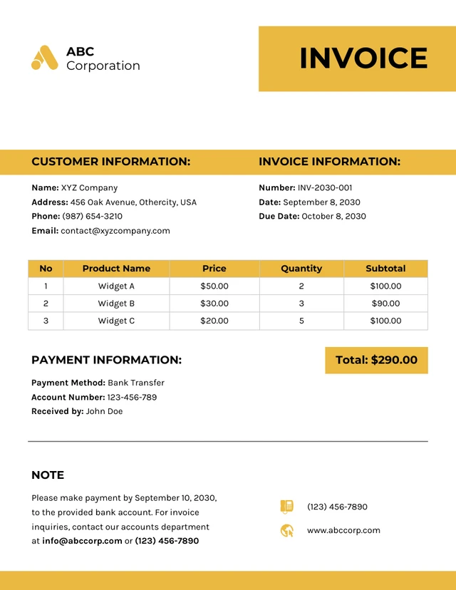 Modern Clean Minimalist White, Yellow and Black Business Invoice Template