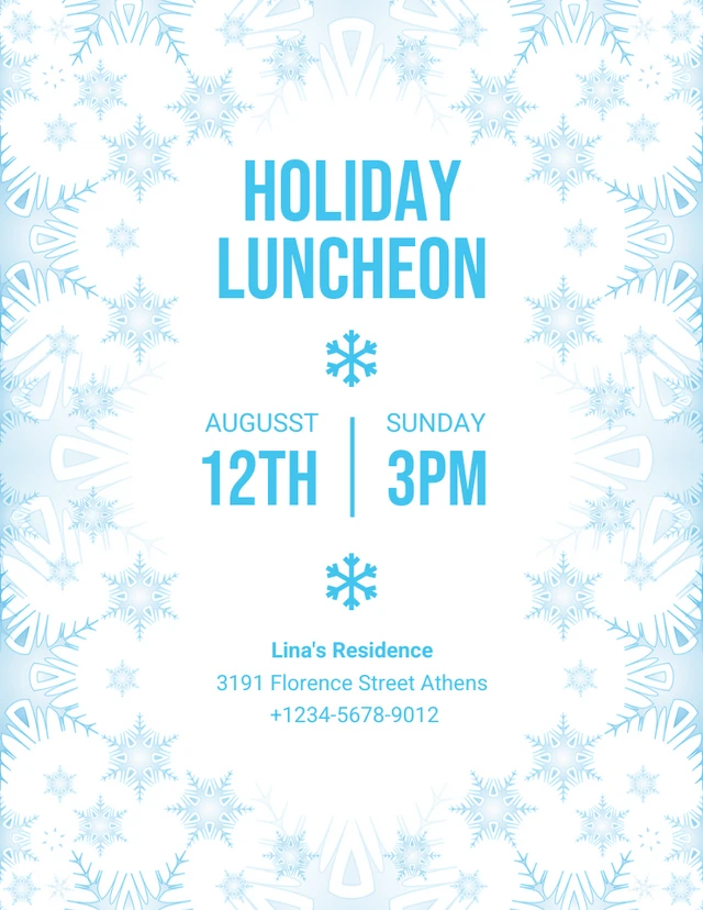 Weiße und blaue moderne Schneeflocken-Feiertagsmittagessen-Einladungsvorlage