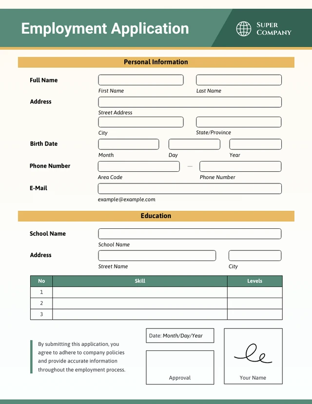 Simple Green and Orange Employment Forms Template