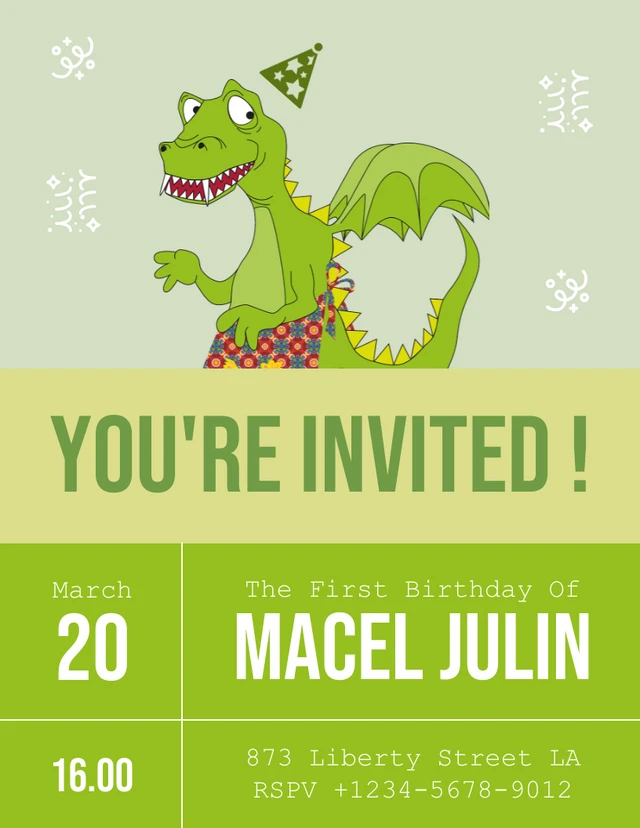Green Simple Illustration Playful Dragon 1st Birthday Invitation Template