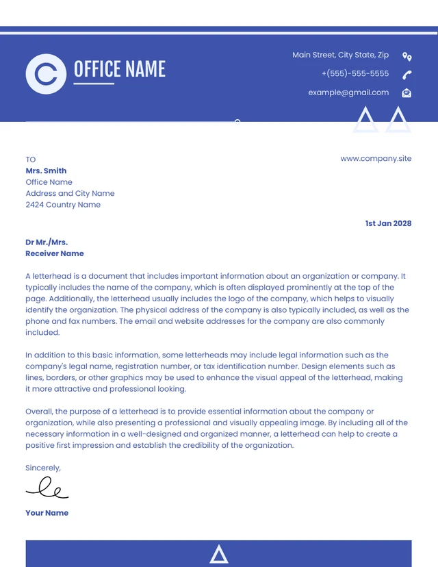 White And Blue Professional Modern Office Letterhead Template
