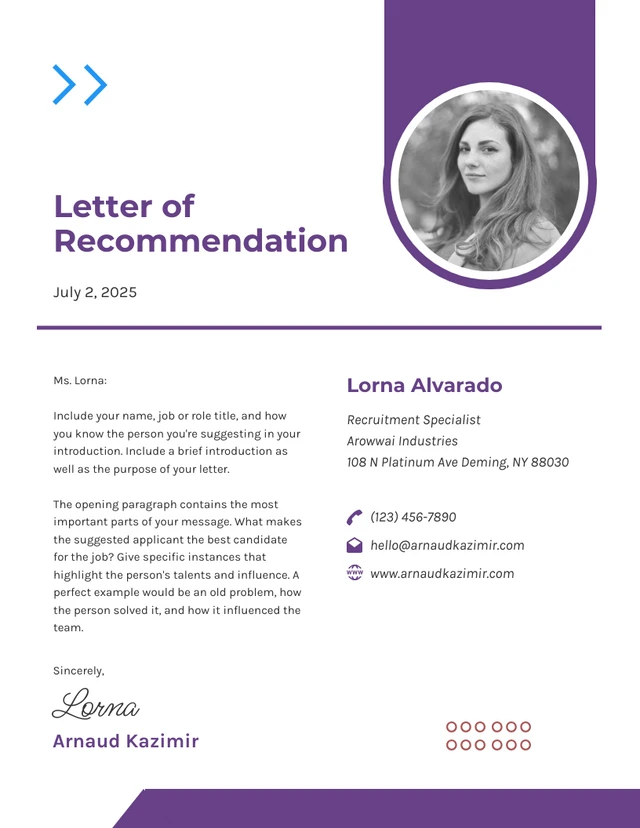 Modèle de lettres de recommandation moderne violet