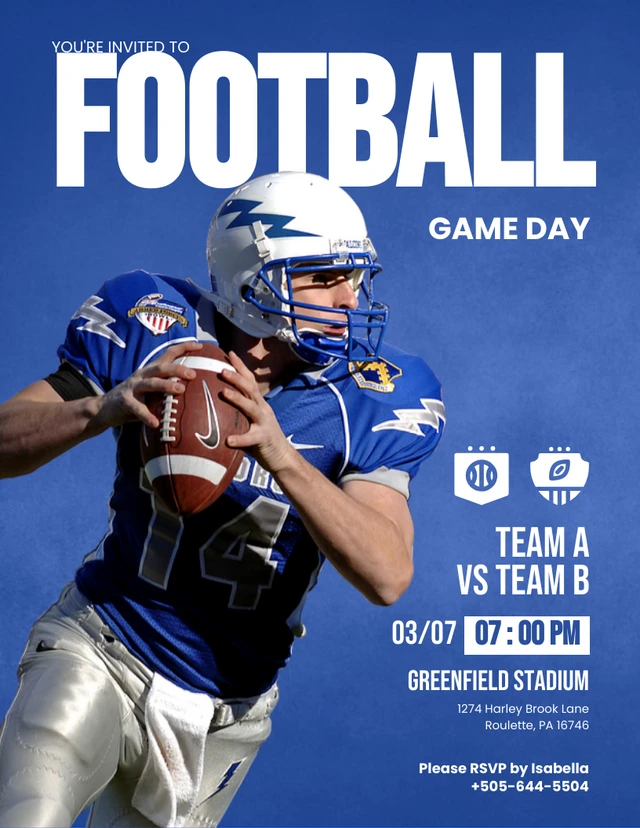 Blue And White Player Football Invitation Template