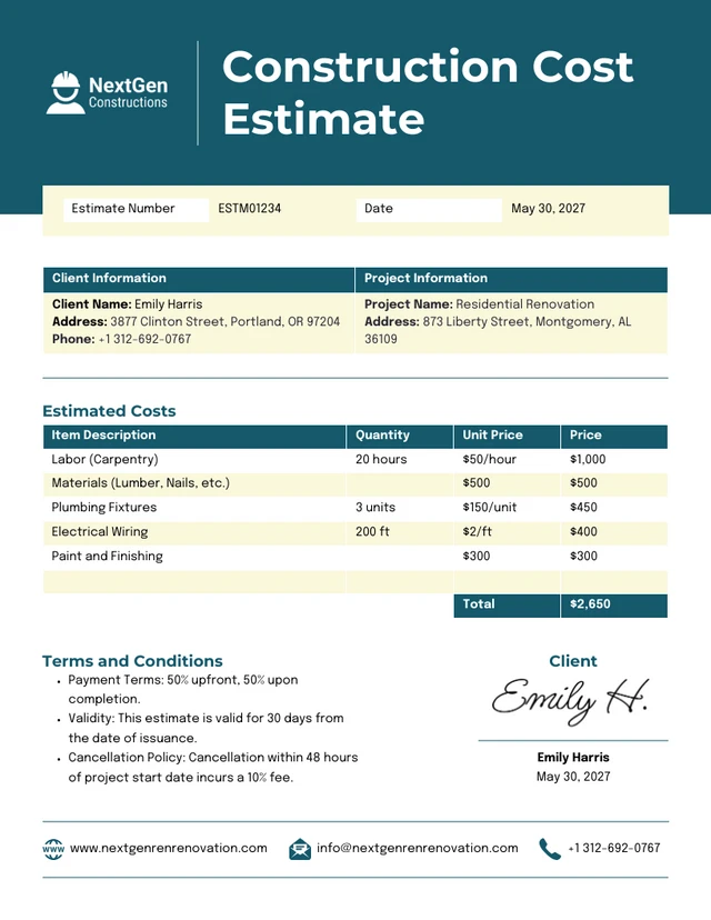 Plantilla de estimación de construcción detallada