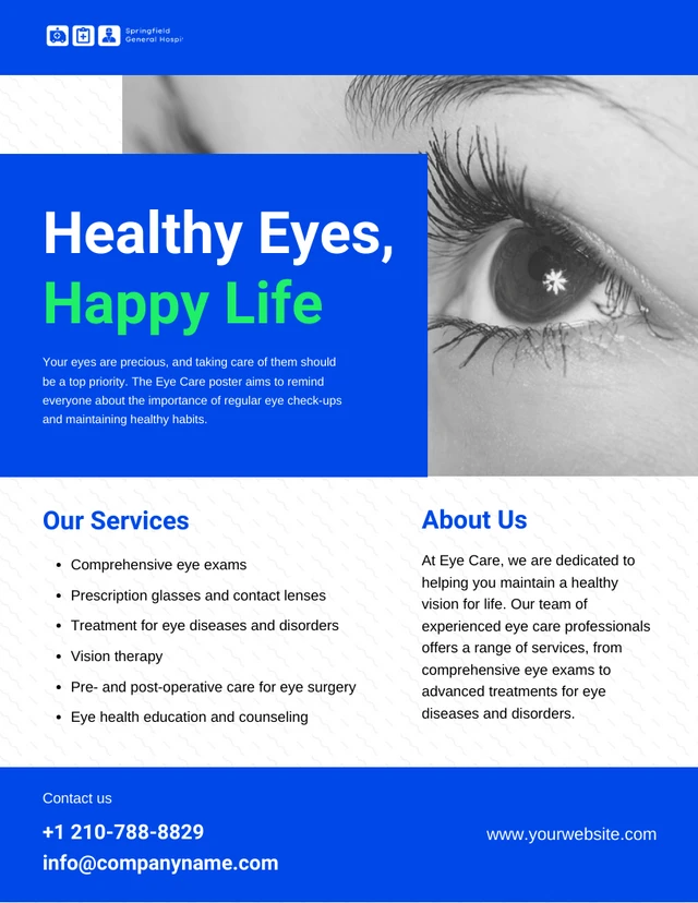 Modèle d'affiche des services de soins oculaires blanc et bleu