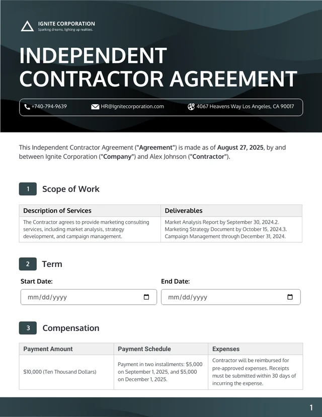 Independent Contractor Agreement Contract - Page 1