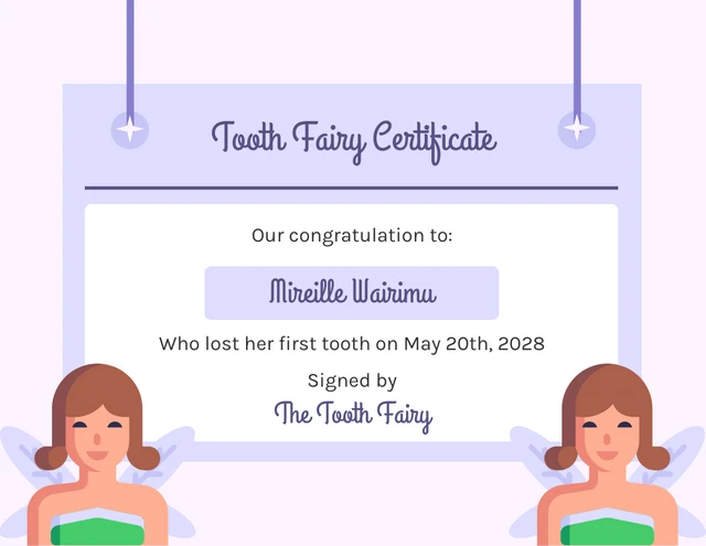 Modèle de certificat de fée des dents illustration simple violet clair
