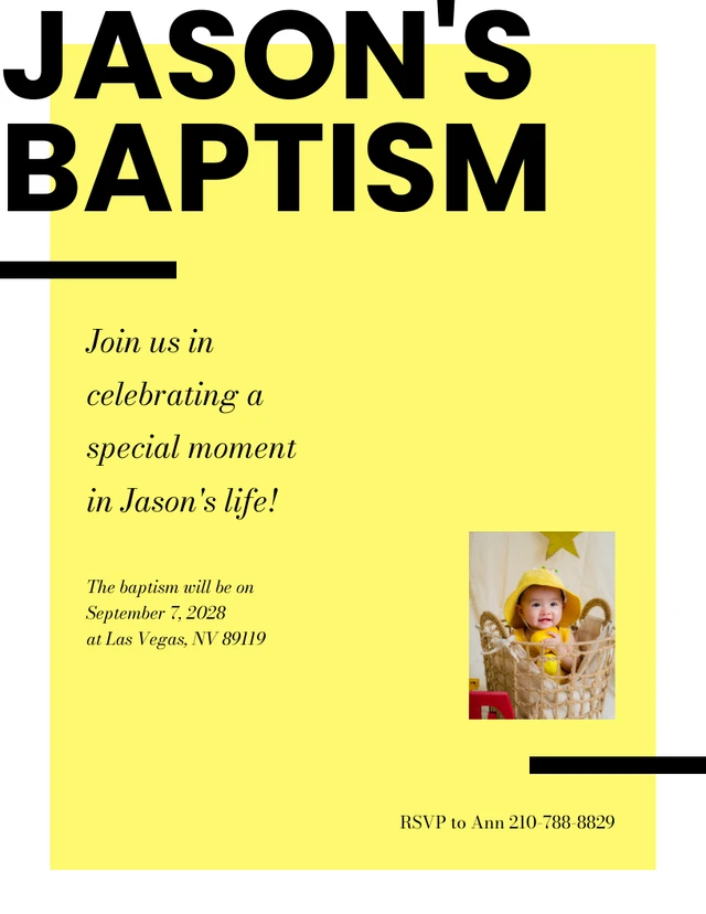 Modèle d'invitation à un baptême en noir et jaune, simple et audacieux