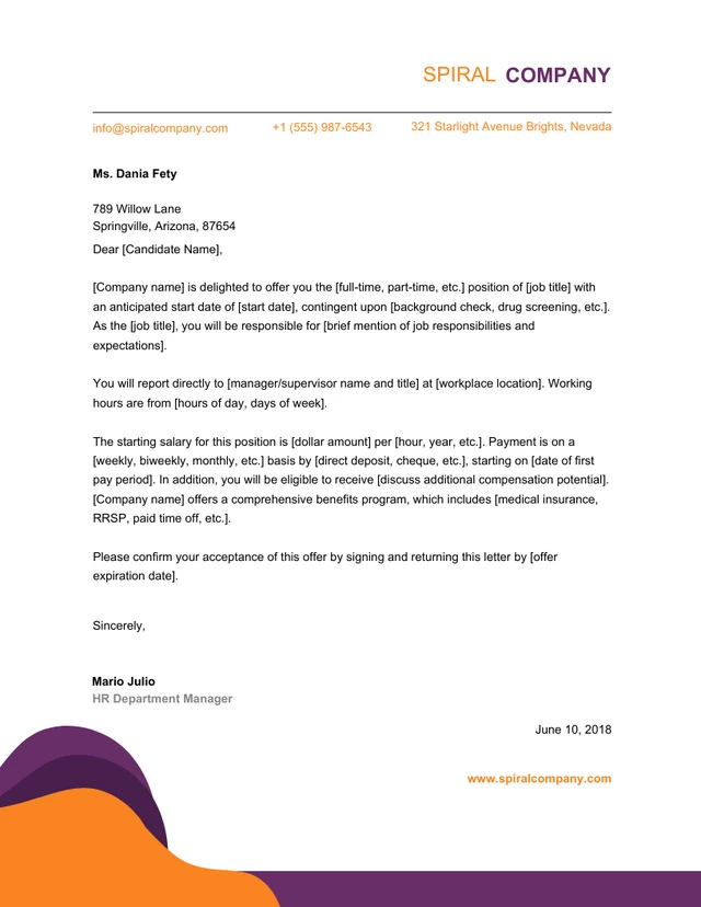 Modèle de lettre d'offre simple orange et violet