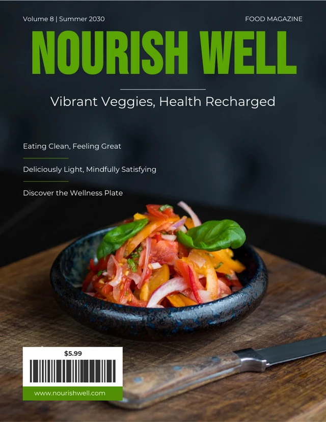 Modèle de couverture de magazine alimentaire minimaliste vert et arrière-plan