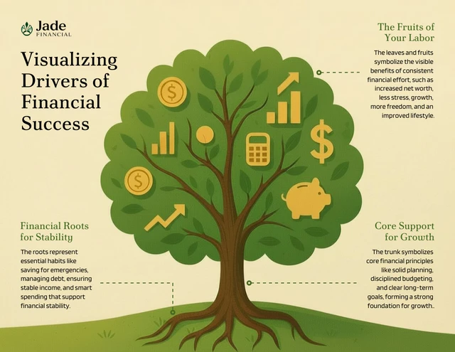 Infografía Visual de Crecimiento Financiero con árbol.Template atractivo y fácil de usar. Template Plantilla visual de infografía de Árbol de Crecimiento Financiero