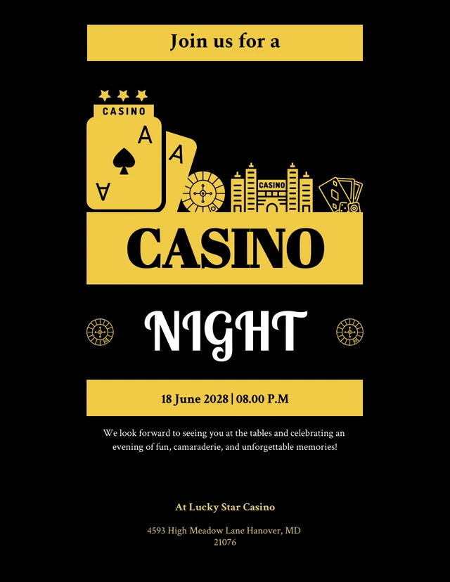 Modèle d'invitations de casino propre minimaliste en or noir et jaune