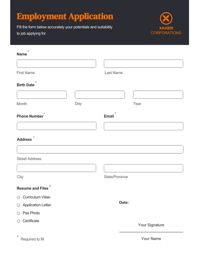 Grey Orange Employment Application Form Template
