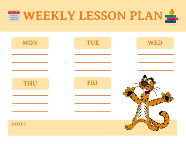 White And Light Yellow Tiger Theme Illustration Weekly Lesson Plan Schedule Template