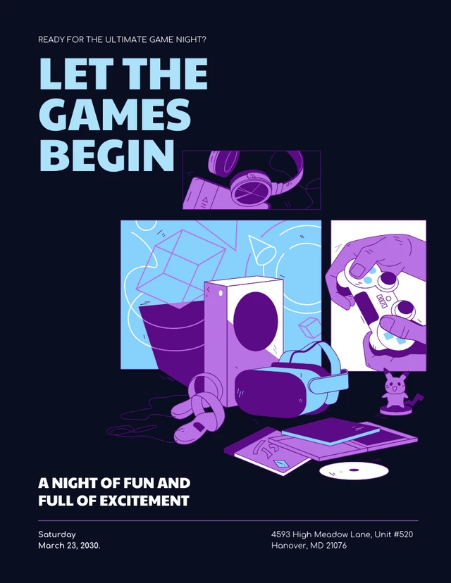 Purple and Blue Illustration Game Night Invitation Letter Template