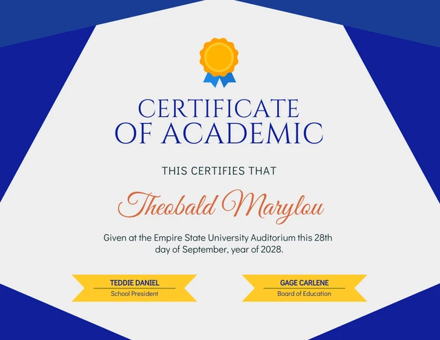 Modèle de certificat académique géométrique bleu et jaune