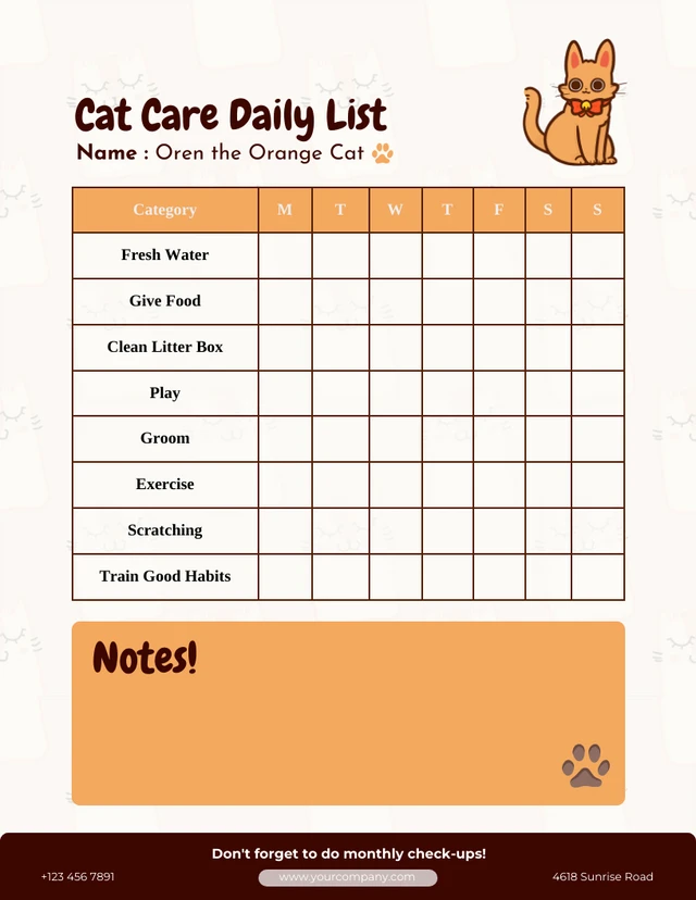 Soft Orange Cat Care Daily List Schedule Template