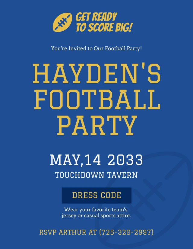 Blue And Yellow Football Party Invitation Template
