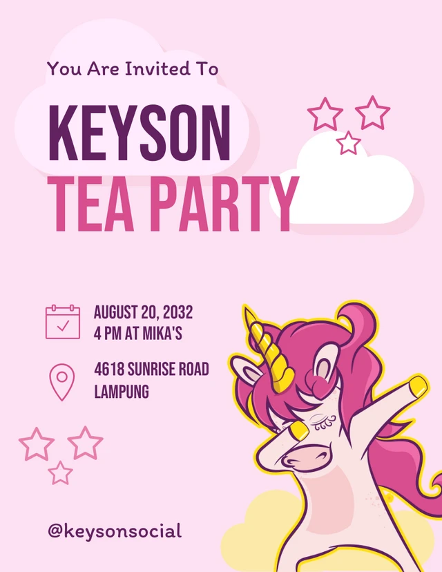 Pink Modern Playful Illustration Unicorn Tea Party Invitation Template