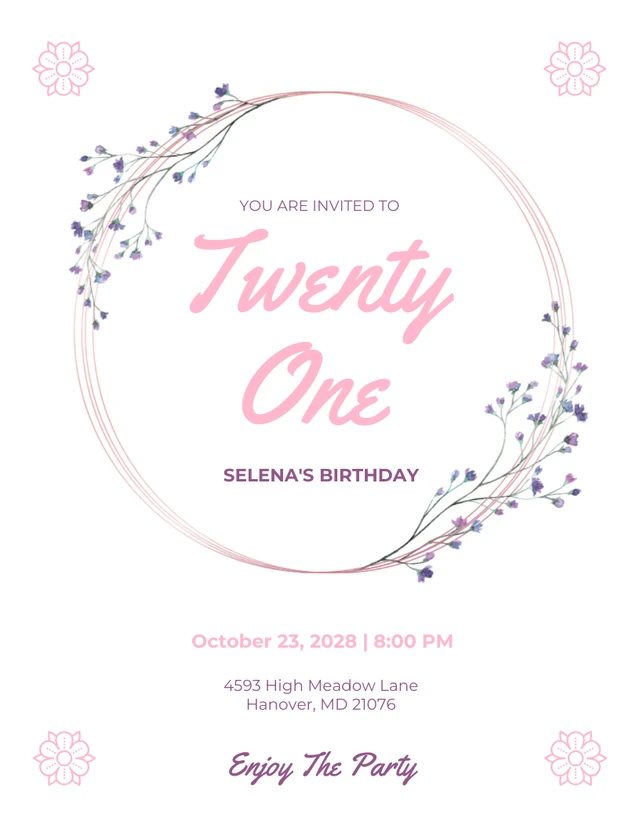 Plantilla de invitación de cumpleaños número 21 de estética minimalista blanca