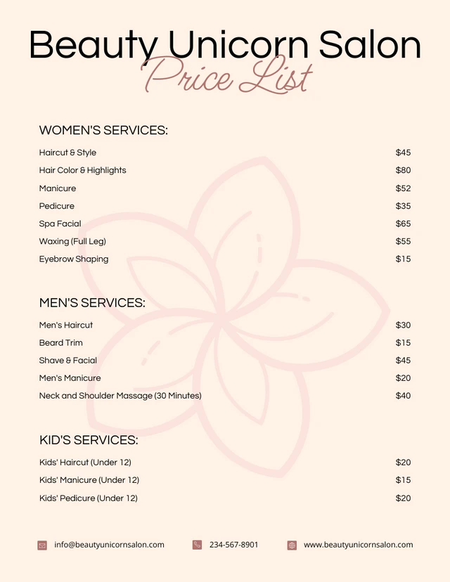 Elegance Minimalist Peach Beauty Salon Price Lists Template