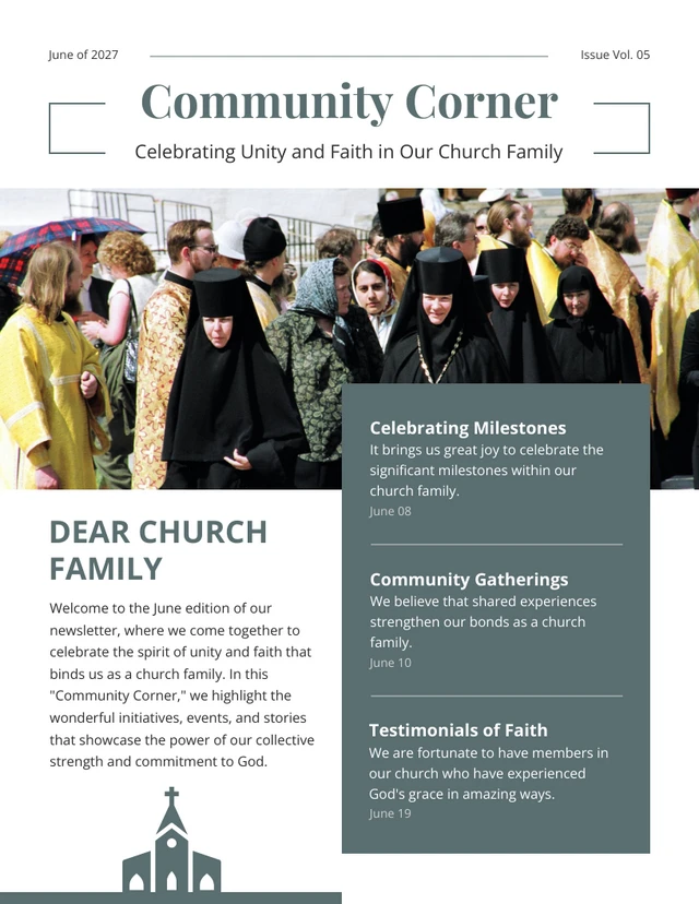 Weiße und bläulich-graue, moderne, minimalistische Kirchengemeinschafts-Newsletter-Vorlage